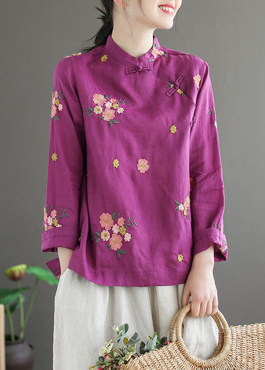 Boho Purple Stand Collar Embroideried Patchwork Cotton Top Spring LY6210