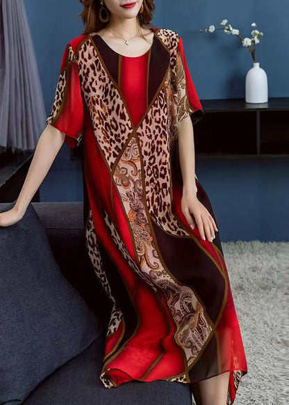 Boho Red O Neck Leopard Print Patchwork Chiffon Dress Summer Ada Fashion