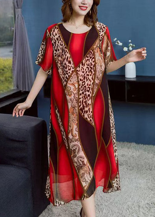 Boho Red O Neck Leopard Print Patchwork Chiffon Dress Summer Ada Fashion