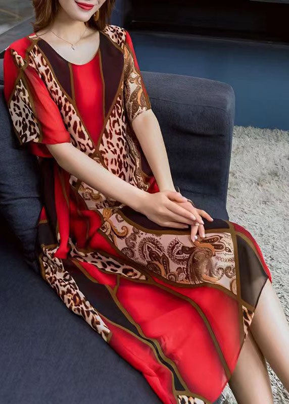 Boho Red O Neck Leopard Print Patchwork Chiffon Dress Summer Ada Fashion