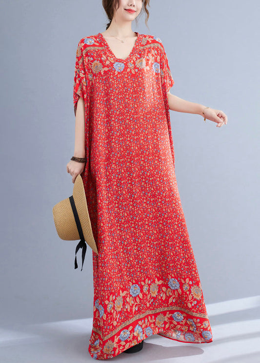 Boho Red V Neck Print Cotton Holiday Long Dress Summer Ada Fashion
