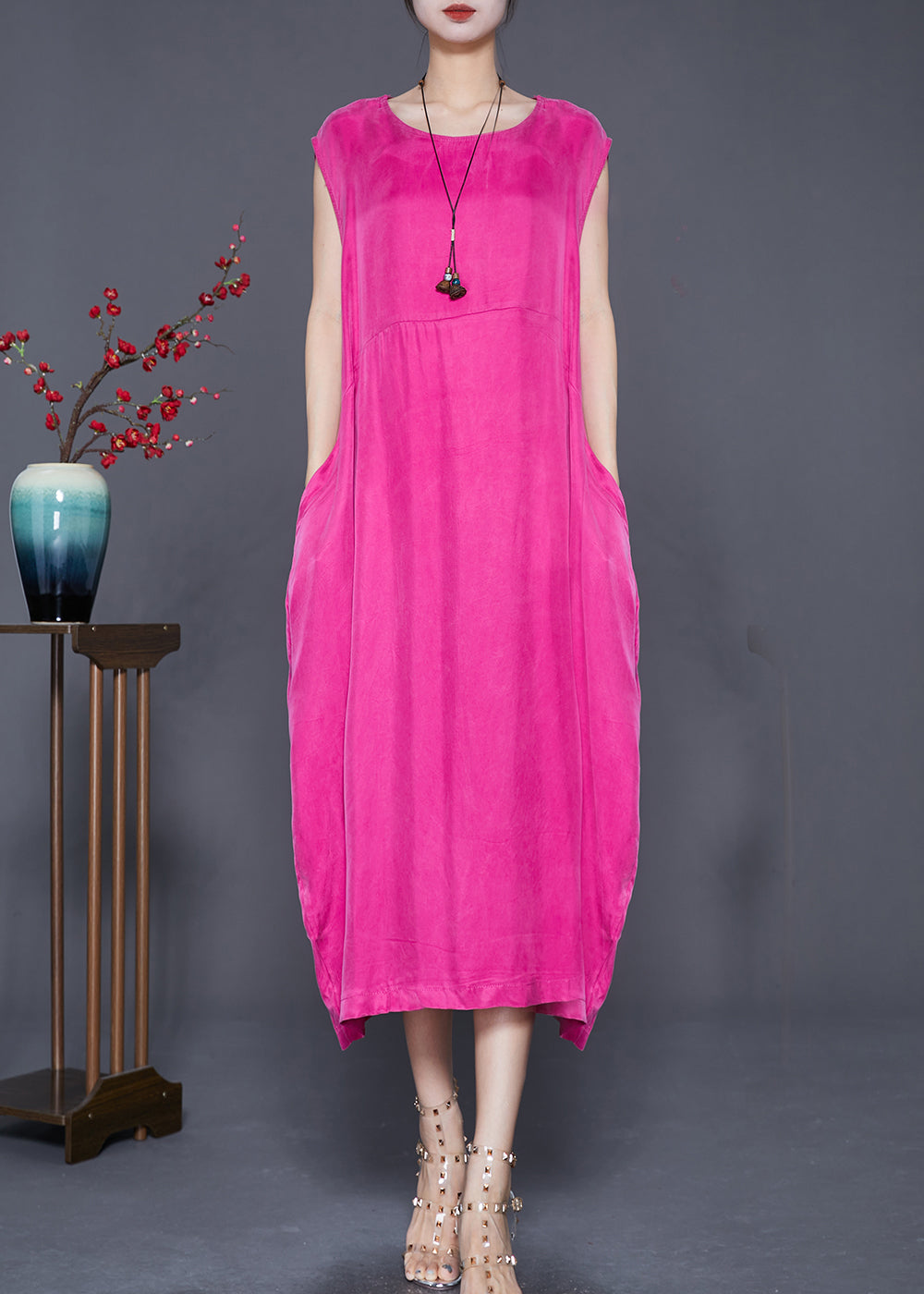Boho Rose O-Neck Draping Silk Beach Dress Summer LY7675