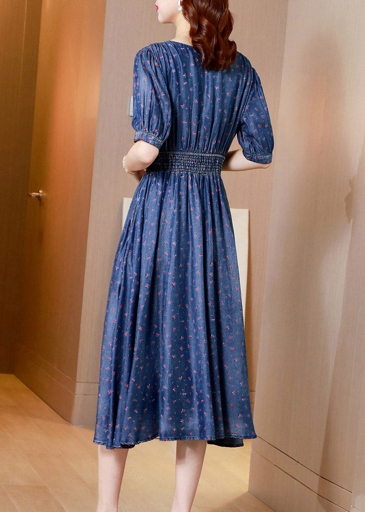 Boho V Neck Print Solid Tunic Silk Denim Long Dress Short Sleeve AC2019