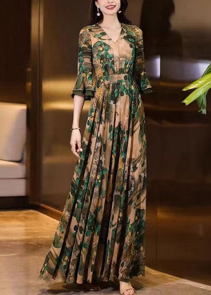 Boho V Neck Print Wrinkled Patchwork Chiffon Long Dress Summer Ada Fashion