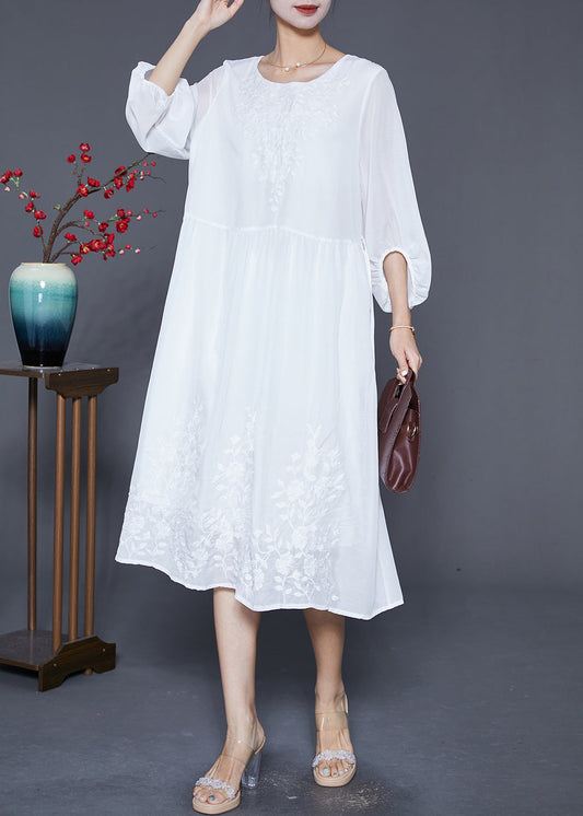 Boho White Embroideried Oversized Cotton Dress Lantern Sleeve Ada Fashion