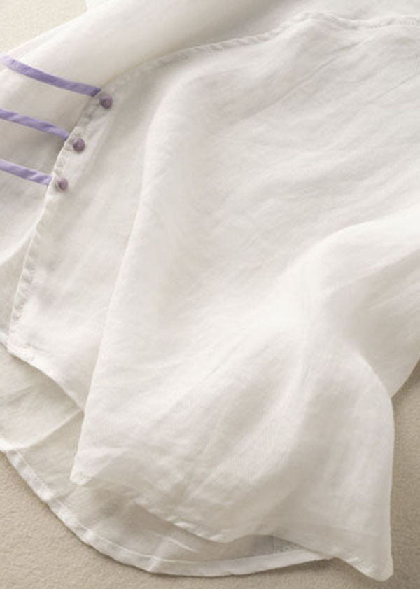 Boho White V Neck Button Patchwork Linen Shirt Top Summer Ada Fashion