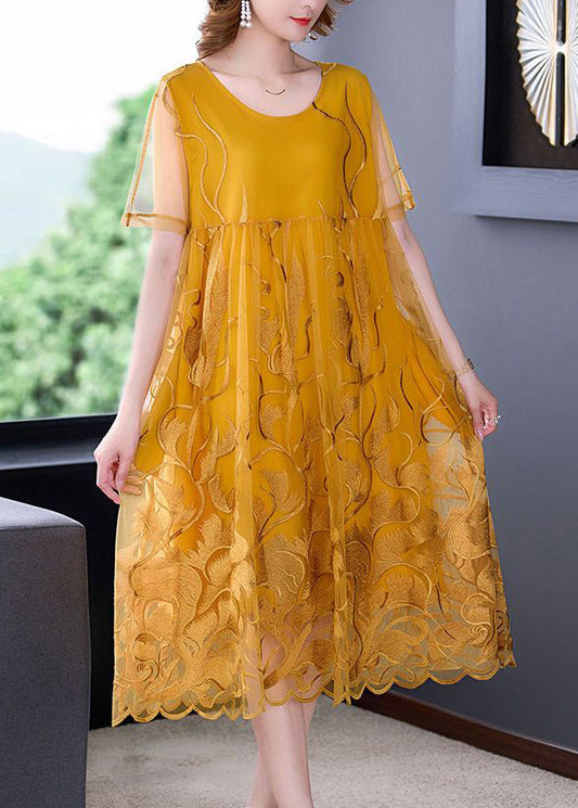 Boho Yellow Embroideried Hollow Out Tulle Dress Summer LY3725