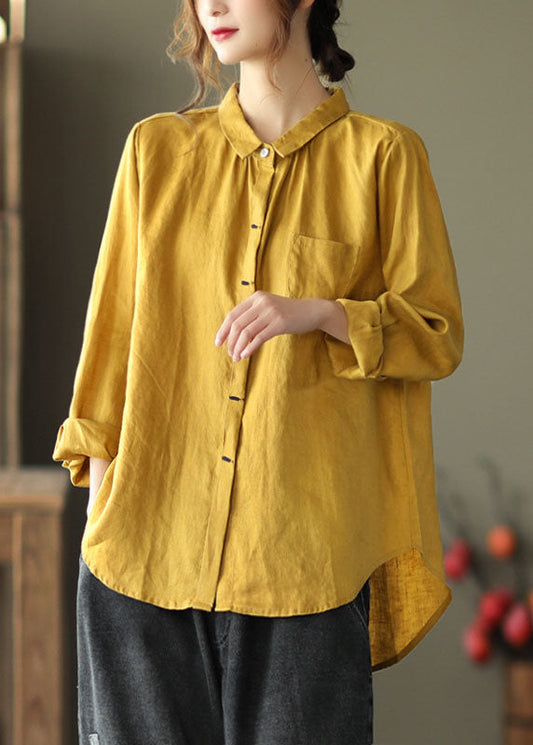 Boho Yellow Peter Pan Collar Patchwork Linen Shirts Top Long Sleeve LY6188