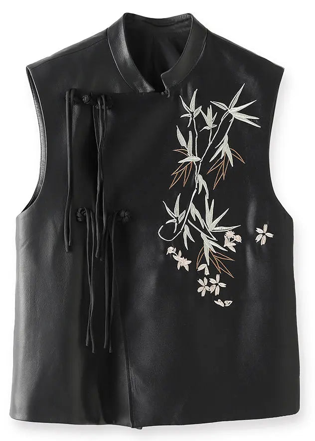 Boutique Black Chinese Button Embroidered Leather Shirt Waistcoat Sleeveless Ada Fashion