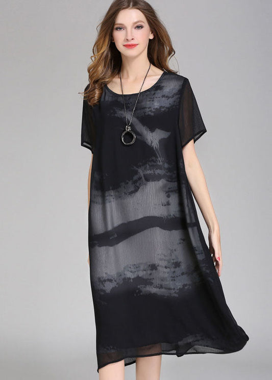 Boutique Black O Neck Print Patchwork Chiffon Dress Summer Ada Fashion
