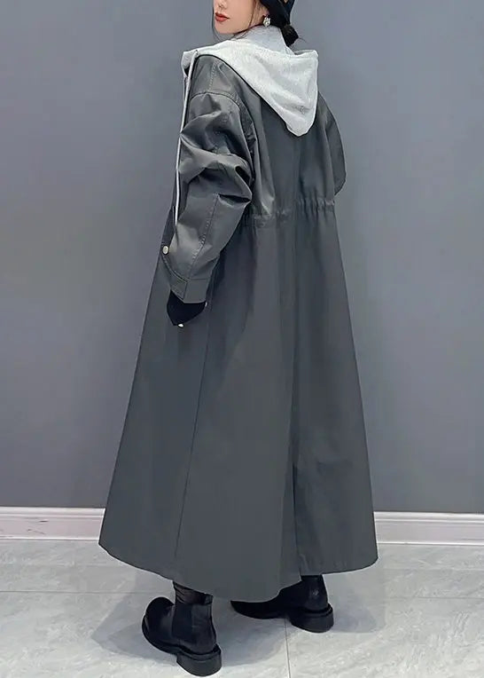 Boutique Black Pockets Hooded False Two Pieces Patchwork Trench Coat Fall Ada Fashion