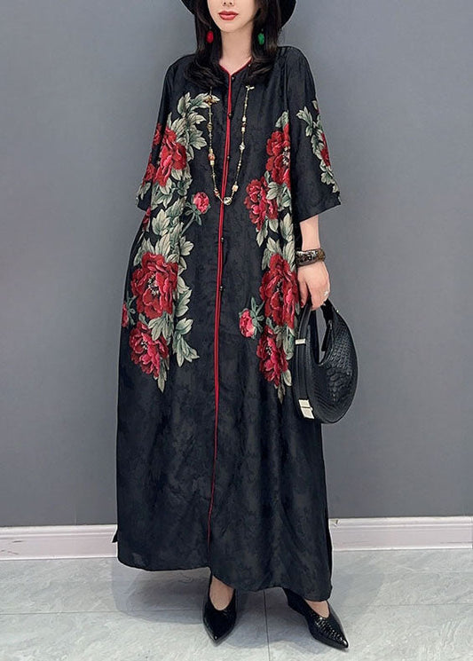 Boutique Black V Neck Print Button Patchwork Silk Long Dress Summer Ada Fashion