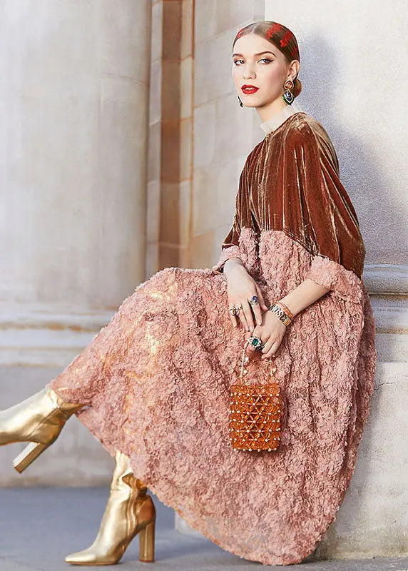 Boutique Brown Stand Collar Patchwork Hollow Out Silk Velour Long Dress Long Sleeve Ada Fashion