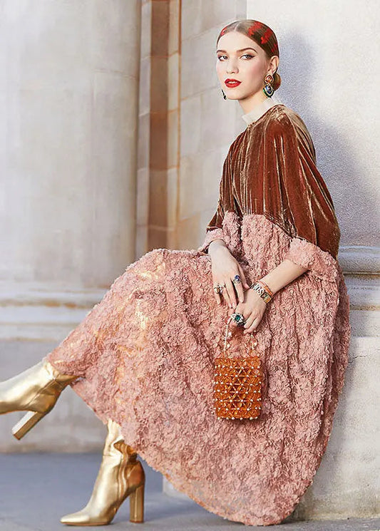 Boutique Brown Stand Collar Patchwork Hollow Out Silk Velour Long Dress Long Sleeve Ada Fashion