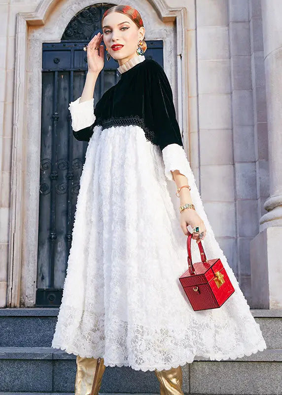Boutique Brown Stand Collar Patchwork Hollow Out Silk Velour Long Dress Long Sleeve Ada Fashion