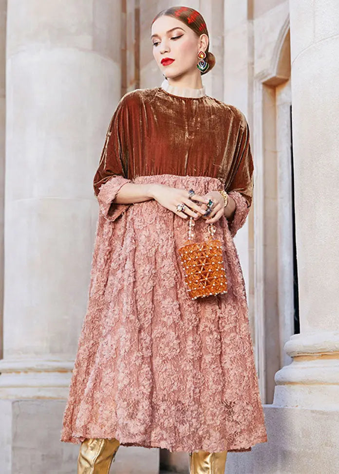 Boutique Brown Stand Collar Patchwork Hollow Out Silk Velour Long Dress Long Sleeve Ada Fashion