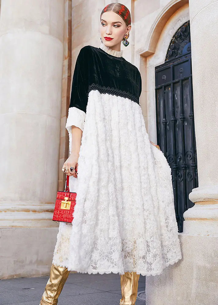 Boutique Brown Stand Collar Patchwork Hollow Out Silk Velour Long Dress Long Sleeve Ada Fashion