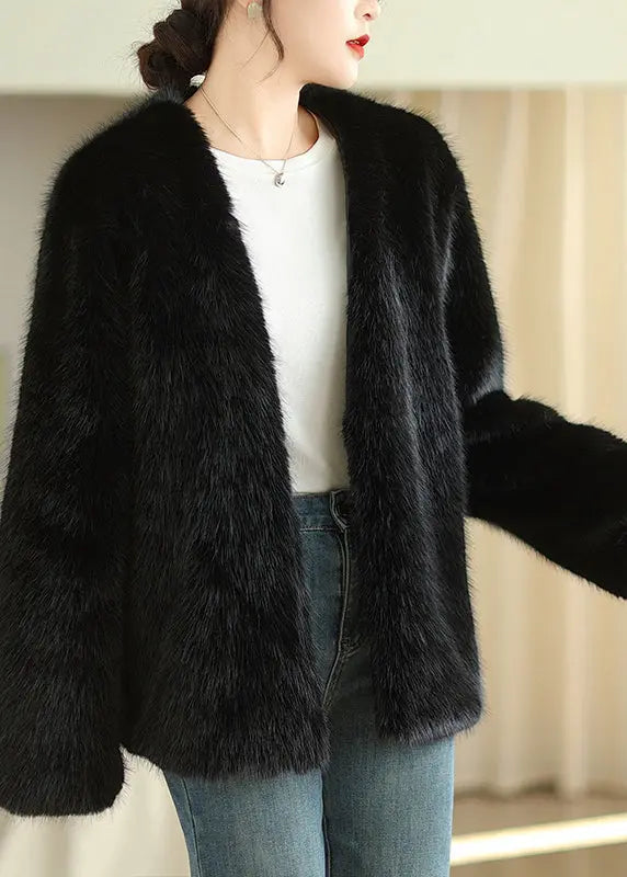 Boutique Fashion Coffee V Neck Faux Fur Coats Winter Ada Fashion