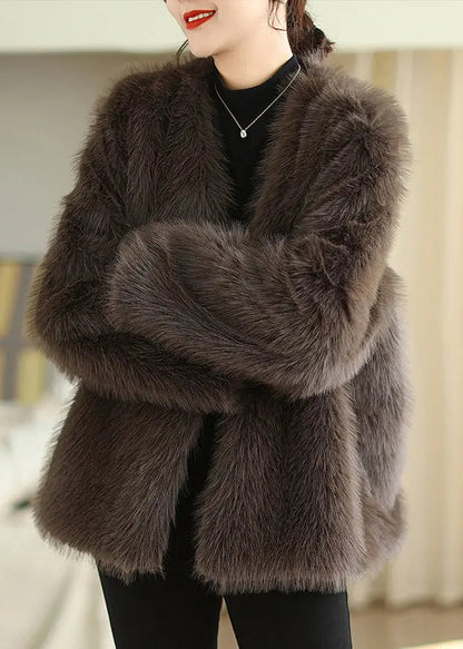 Boutique Fashion Coffee V Neck Faux Fur Coats Winter Ada Fashion