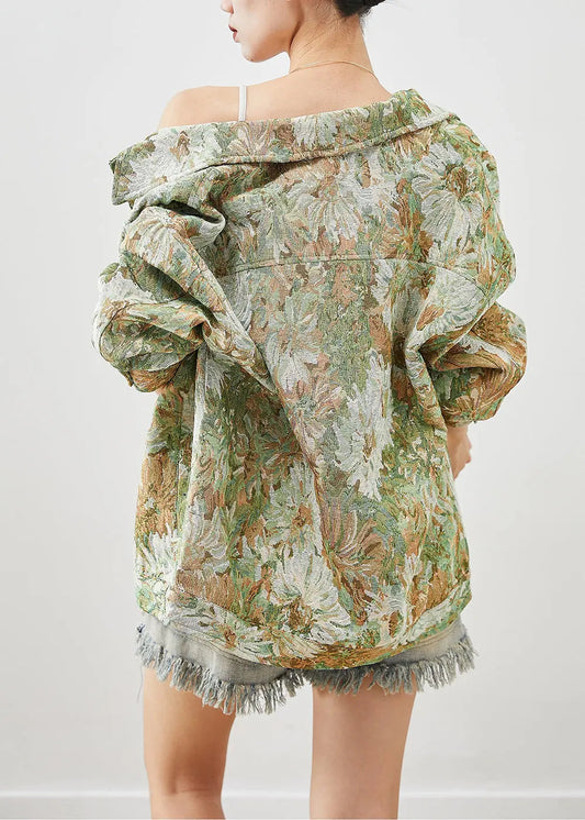 Boutique Green Oversized Floral Painting Denim Coat Fall Ada Fashion