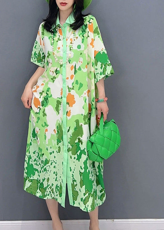 Boutique Green Print Button Party Long Shirts Dress Sunmer