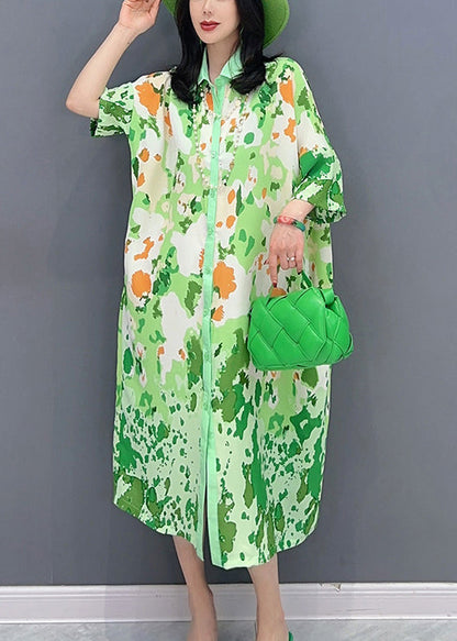 Robe chemise longue de soirée boutonnée à imprimé vert Boutique Sunmer