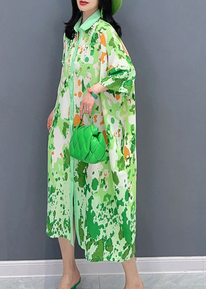 Robe chemise longue de soirée boutonnée à imprimé vert Boutique Sunmer