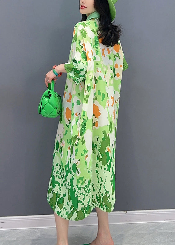 Boutique Green Print Button Party Long Shirts Dress Sunmer