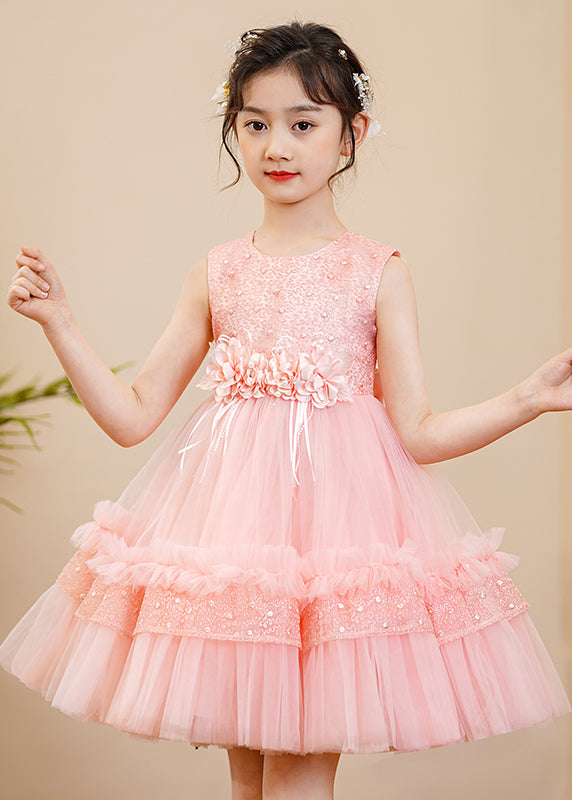 Boutique Pink Floral Nail Bead Tulle Baby Girls Maxi Dress Summer
