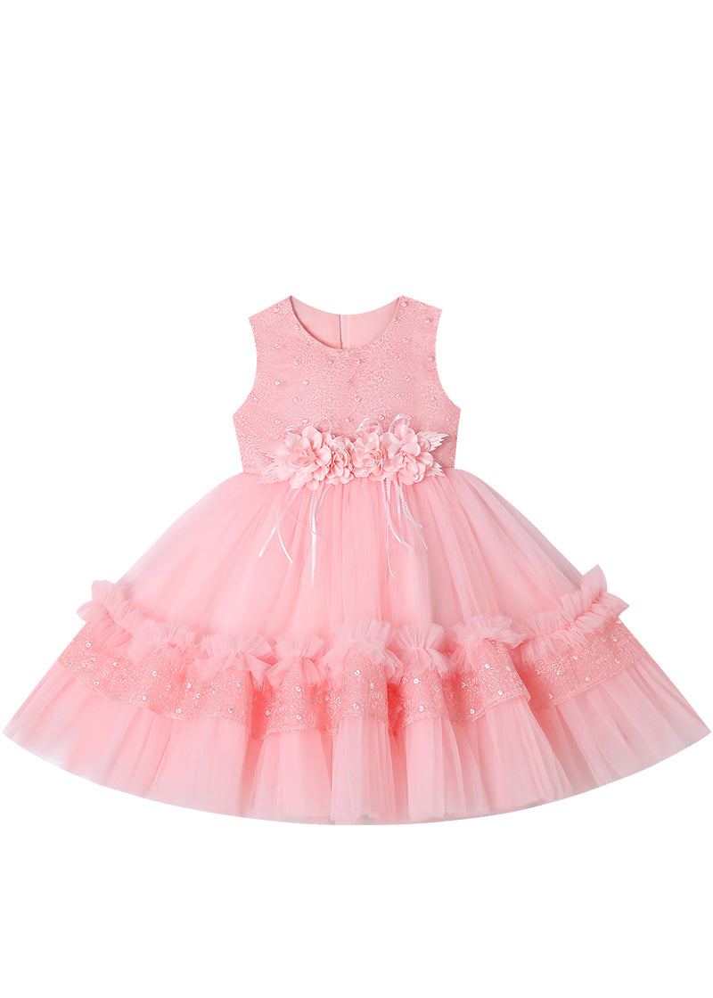 Boutique Pink Floral Nail Bead Tulle Baby Girls Maxi Dress Summer