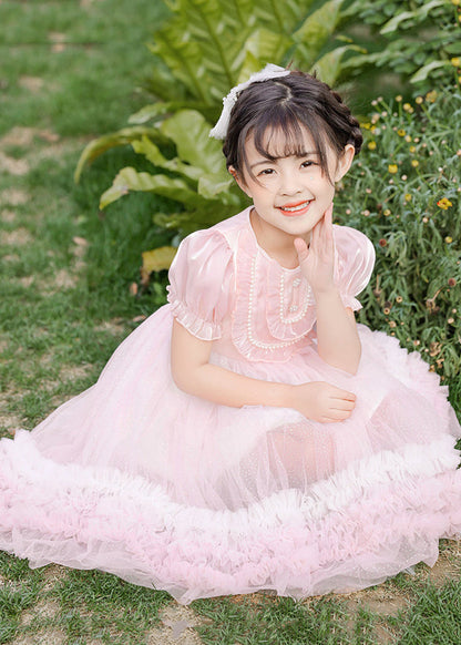 Boutique Robe mi-longue d'été rose à manches bouffantes en tulle et perles pour bébé fille