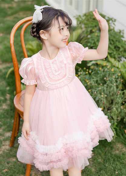 Boutique Robe mi-longue d'été rose à manches bouffantes en tulle et perles pour bébé fille