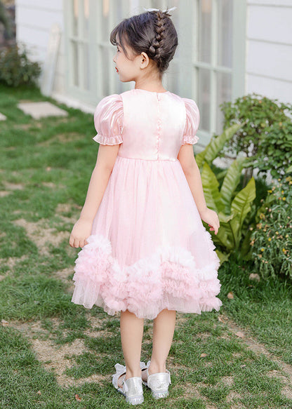 Boutique Robe mi-longue d'été rose à manches bouffantes en tulle et perles pour bébé fille