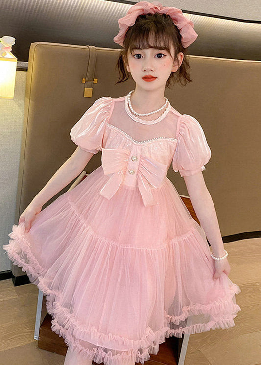 Boutique Pink Puff Sleeve Patchwork Tulle Baby Girls Maxi Dress Summer