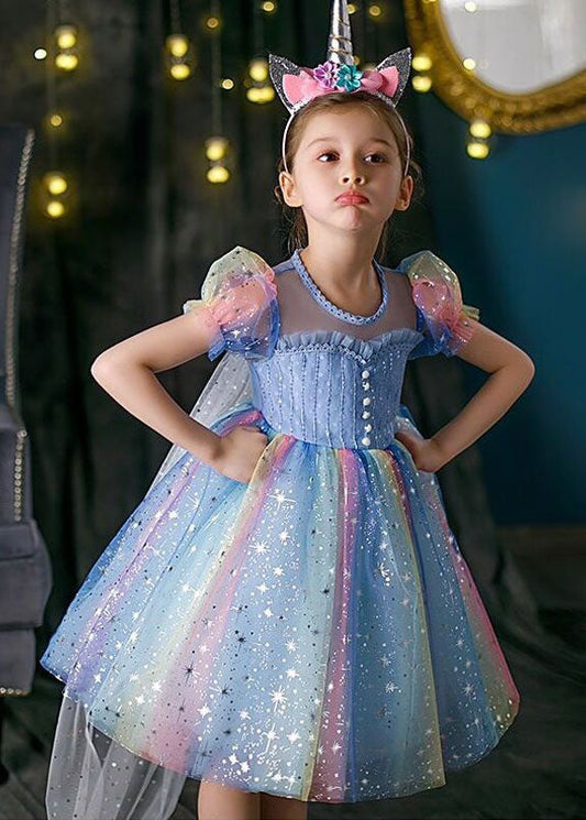 Boutique Regenbogen Puffärmel Pailletten Patchwork Tüll Baby Mädchen Kleid Sommer