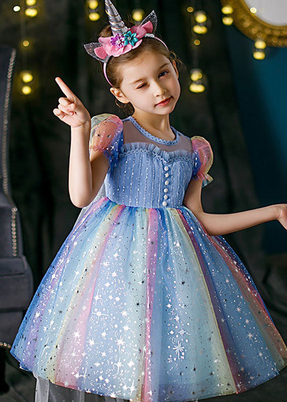 Boutique Rainbow Puff Sleeve Sequins Patchwork Tulle Baby Girls Dress Summer