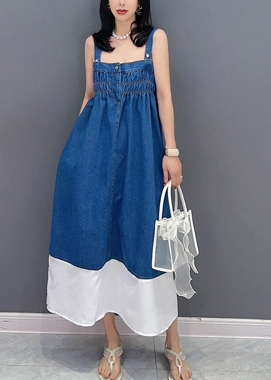 Brief Denim Blue Slash Neck Patchwork Cinched Button Maxi Dress Summer