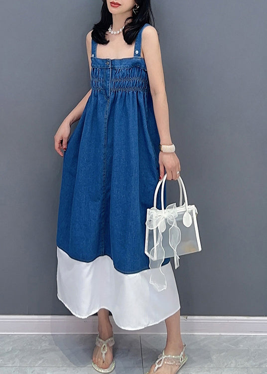 Brief Denim Blue Slash Neck Patchwork Cinched Button Maxi Dress Summer