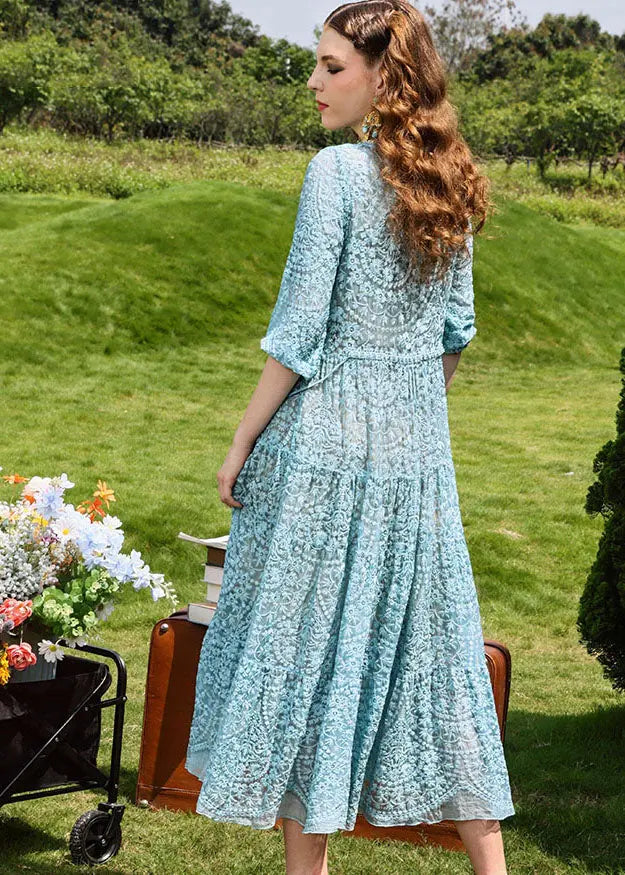 Brief Sky Blue Embroidered Floral Hollow Out Silk Long Dresses Half Sleeve Ada Fashion