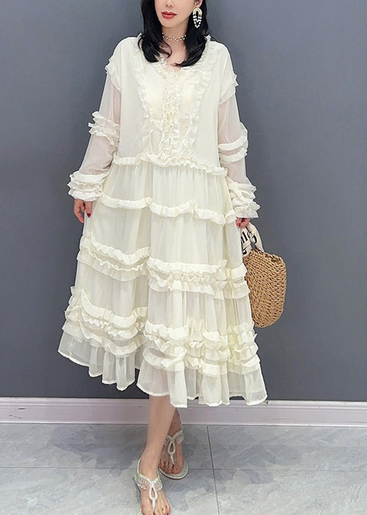 Brief White V Neck Ruffled Solid Chiffon Long Dress Spring