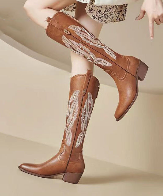 Brown Long Boots Embroidery Pointed Toe