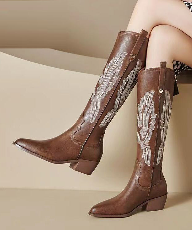 Brown Long Boots Embroidery Pointed Toe