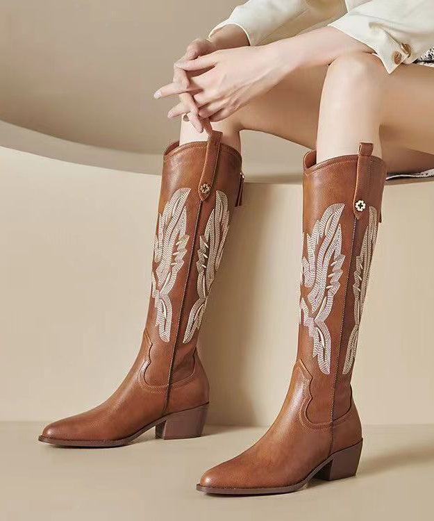 Brown Long Boots Embroidery Pointed Toe