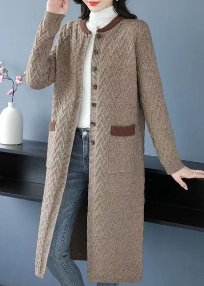 Camel Pockets Patchwork Long Wool Outwear O Neck Button Fall Ada Fashion