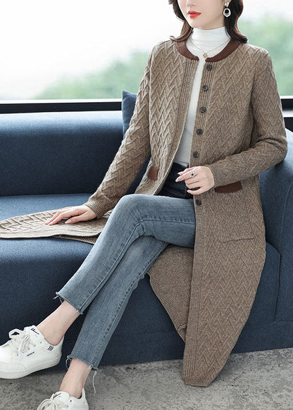 Camel Pockets Patchwork Long Wool Outwear O Neck Button Fall Ada Fashion