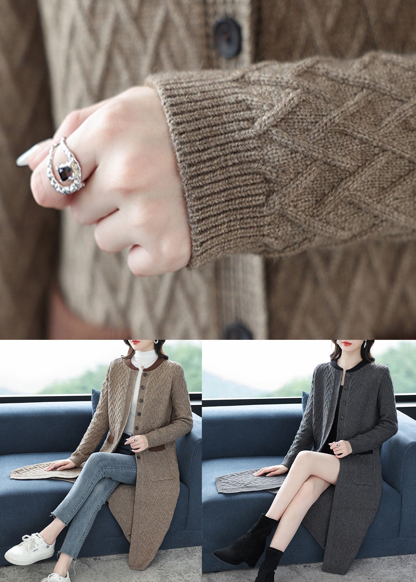 Camel Pockets Patchwork Long Wool Outwear O Neck Button Fall Ada Fashion