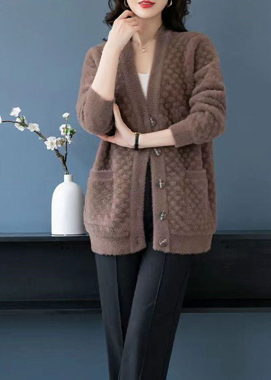 Camel Pockets Patchwork Mink Hair Knitted Coats V Neck Button Fall Ada Fashion