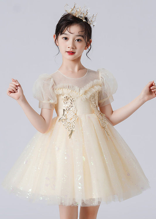 Casual Apricot Puff Sleeve Patchwork Sequins Tulle Kids Girls Robe Dresses Summer