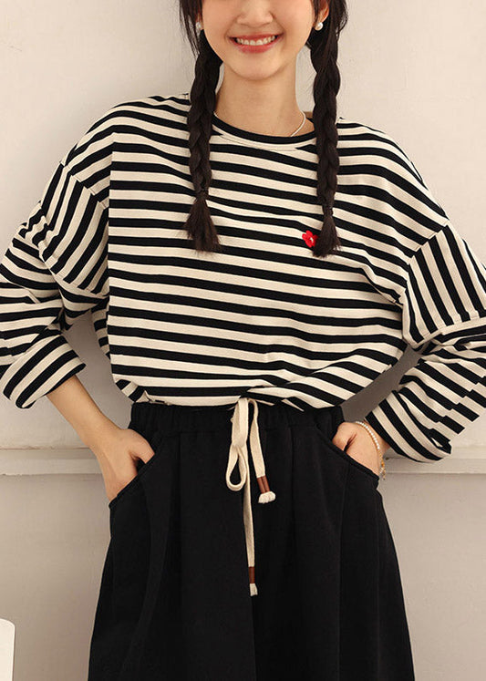 Casual Beige Black Striped O-Neck Cozy Cotton T Shirts Spring LY4528