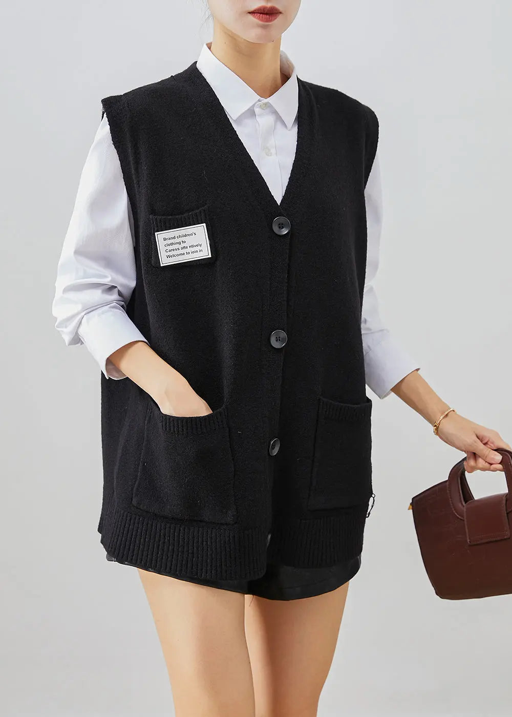 Casual Black Applique Thick Knit Vest Tops Fall Ada Fashion